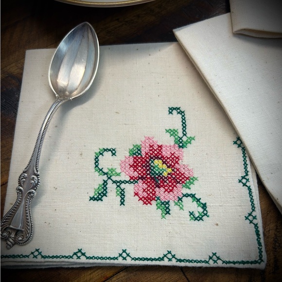 3 Vintage 10” Rose Cross stitch tea napkins - Picture 2 of 5